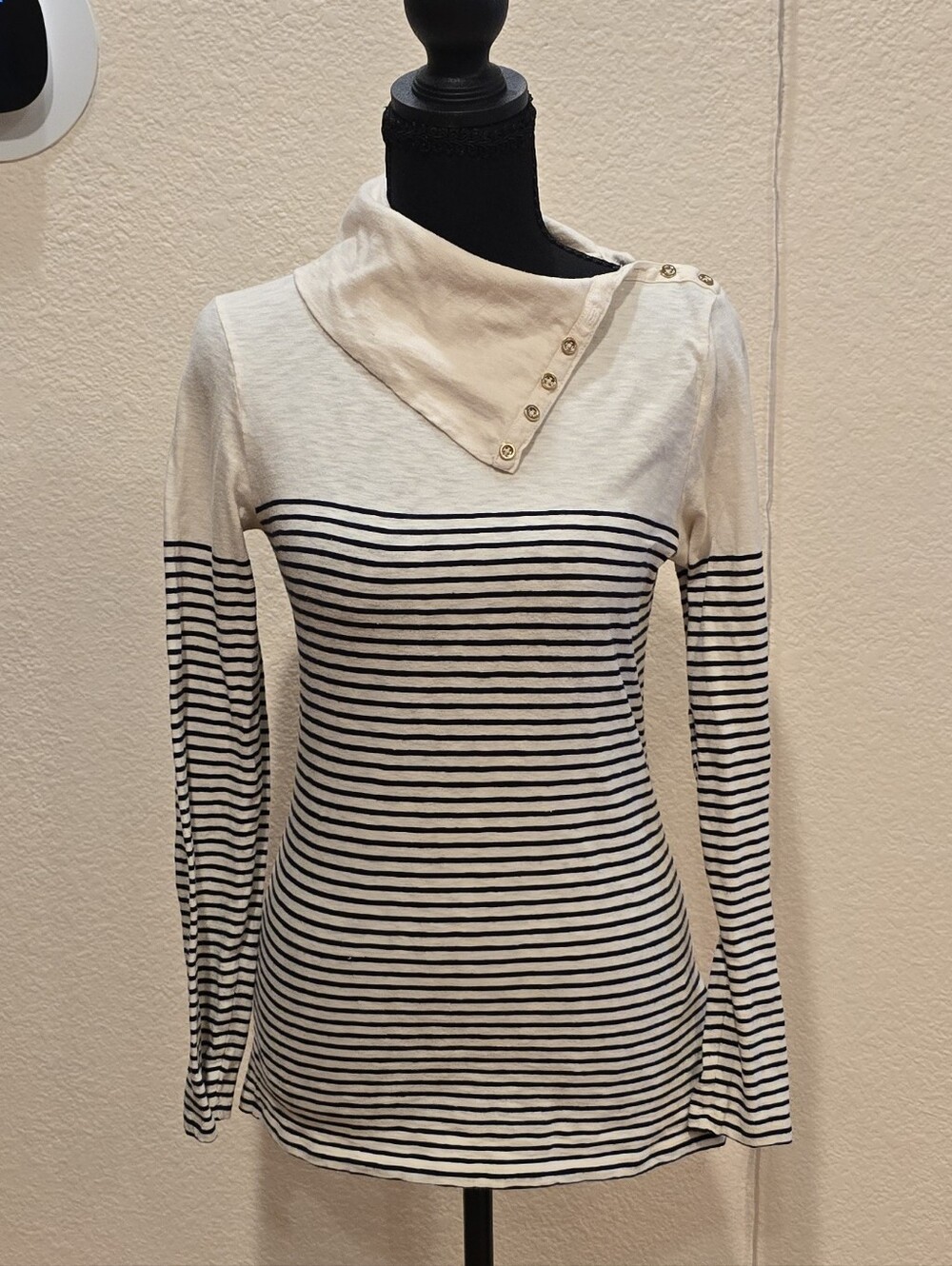 J. Crew Cream and Black Striped Long-Sleeve Top with Buttoned Cowl Neck